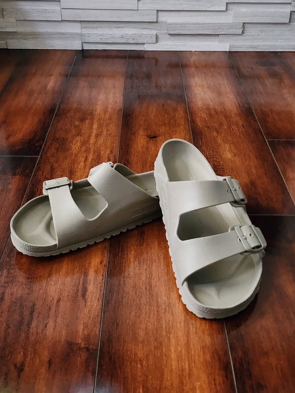 Birkenstock Two-Buckle Slide Sandals in Light Gray